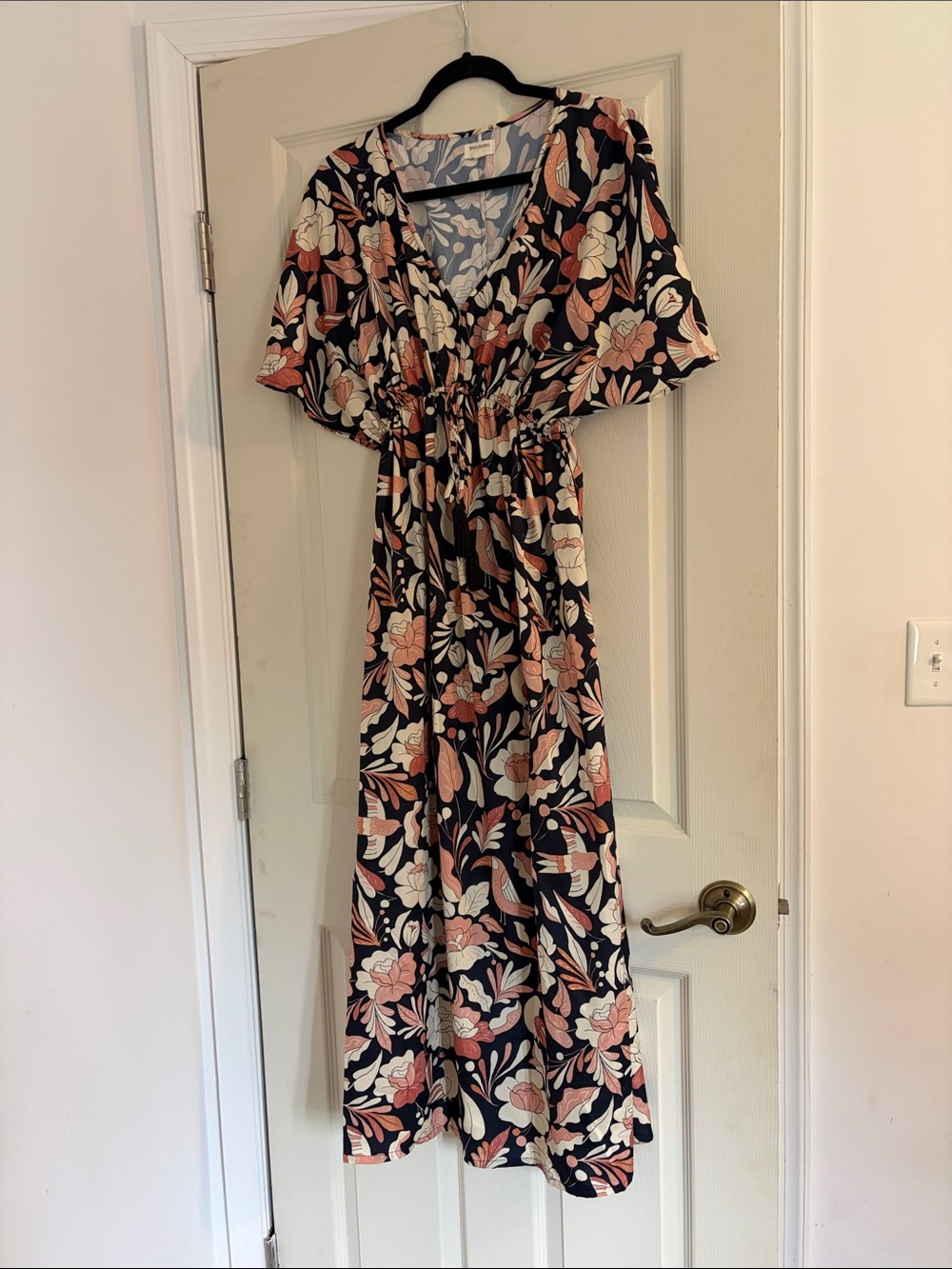 Cost Plus World Market Navy Maxi Dress with Coral and Cream Floral Print